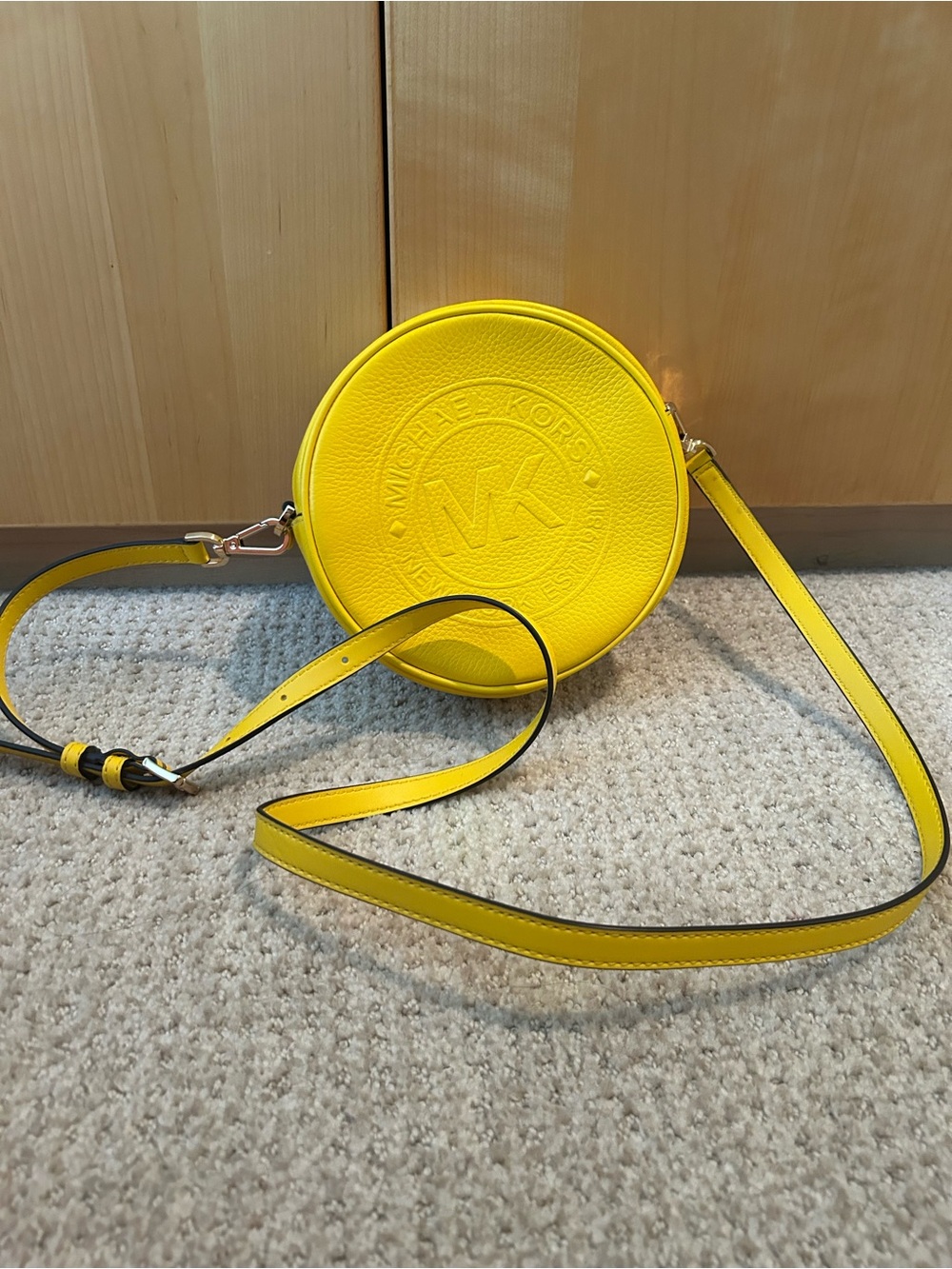 New Michael Kors Yellow Round Pebbled Leather Crossbody